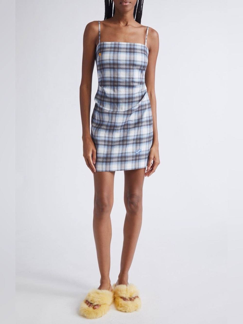 Acne Studios Dua Optic Check Mini Dress in Blue/Black 10 US/42 EU
